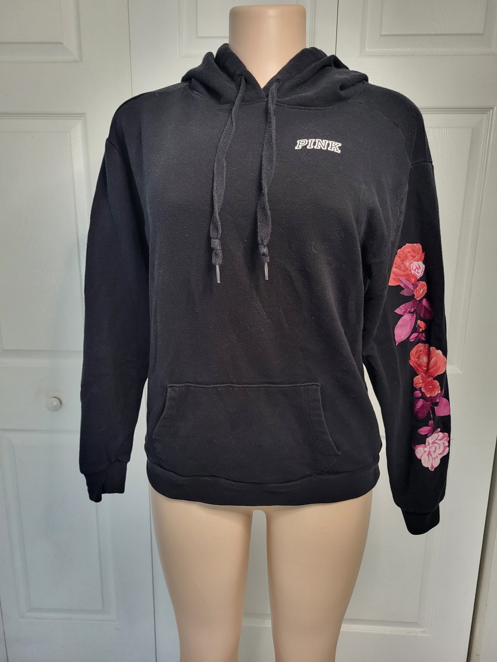 PINK Victoria's Secret Black Hoodie with Pink & Red Floral Sleeve
